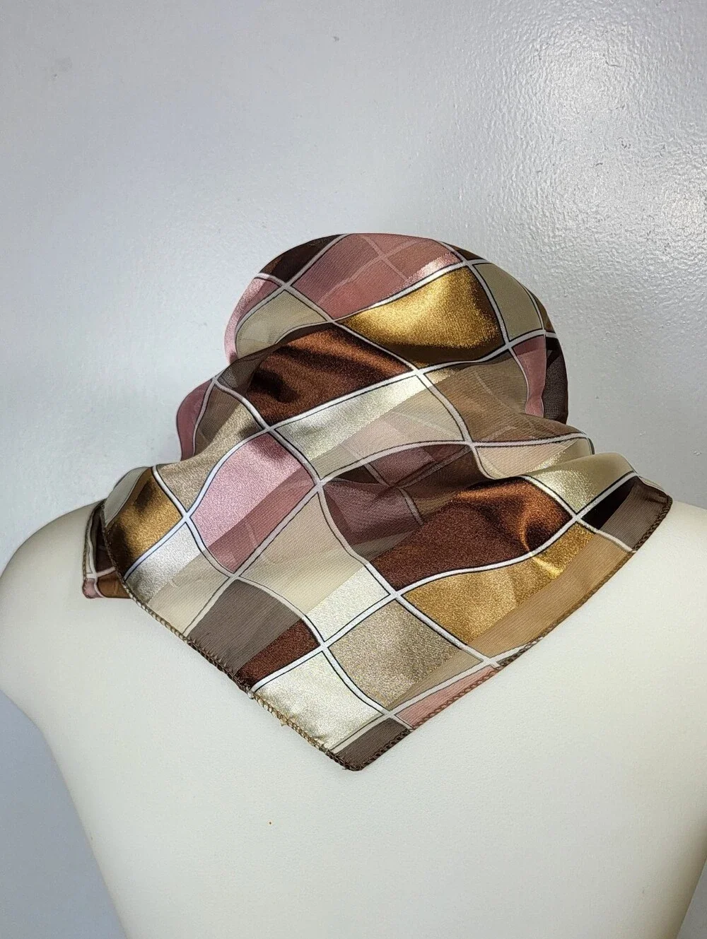 1960's 70's Style Silk-Feel Plaid Neck Scarf in Brown and Gold 20